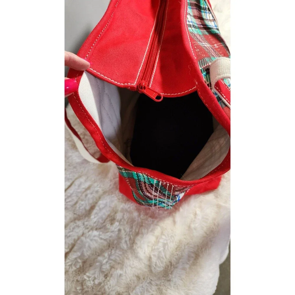 Lands’ End Zip-Top Red/Green Plaid Canvas Dog Tote Carrier Bag 100% Cotton
